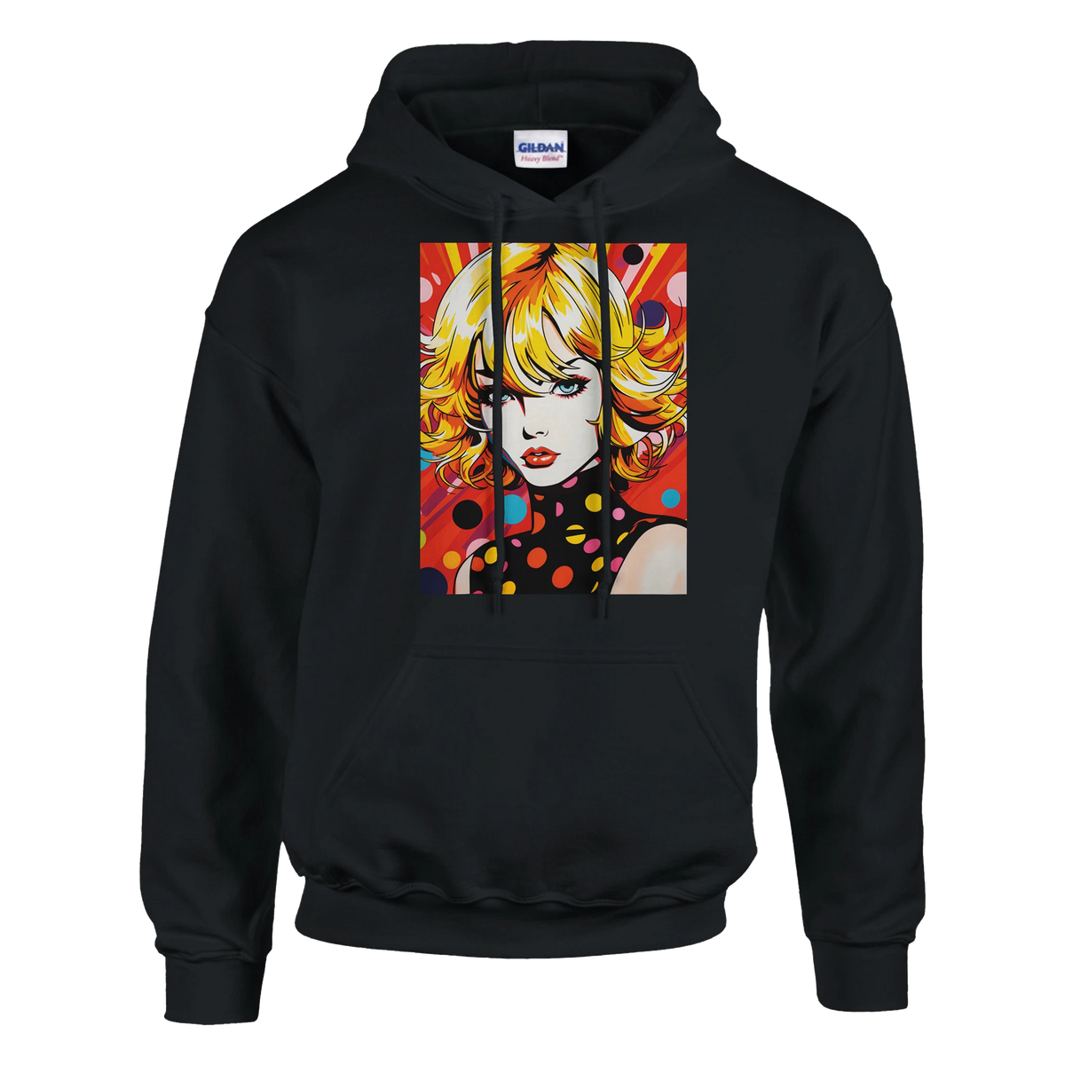 Black pullover hoodie featuring a bold retro blonde pop art woman graphic with vibrant colors and polka dots.