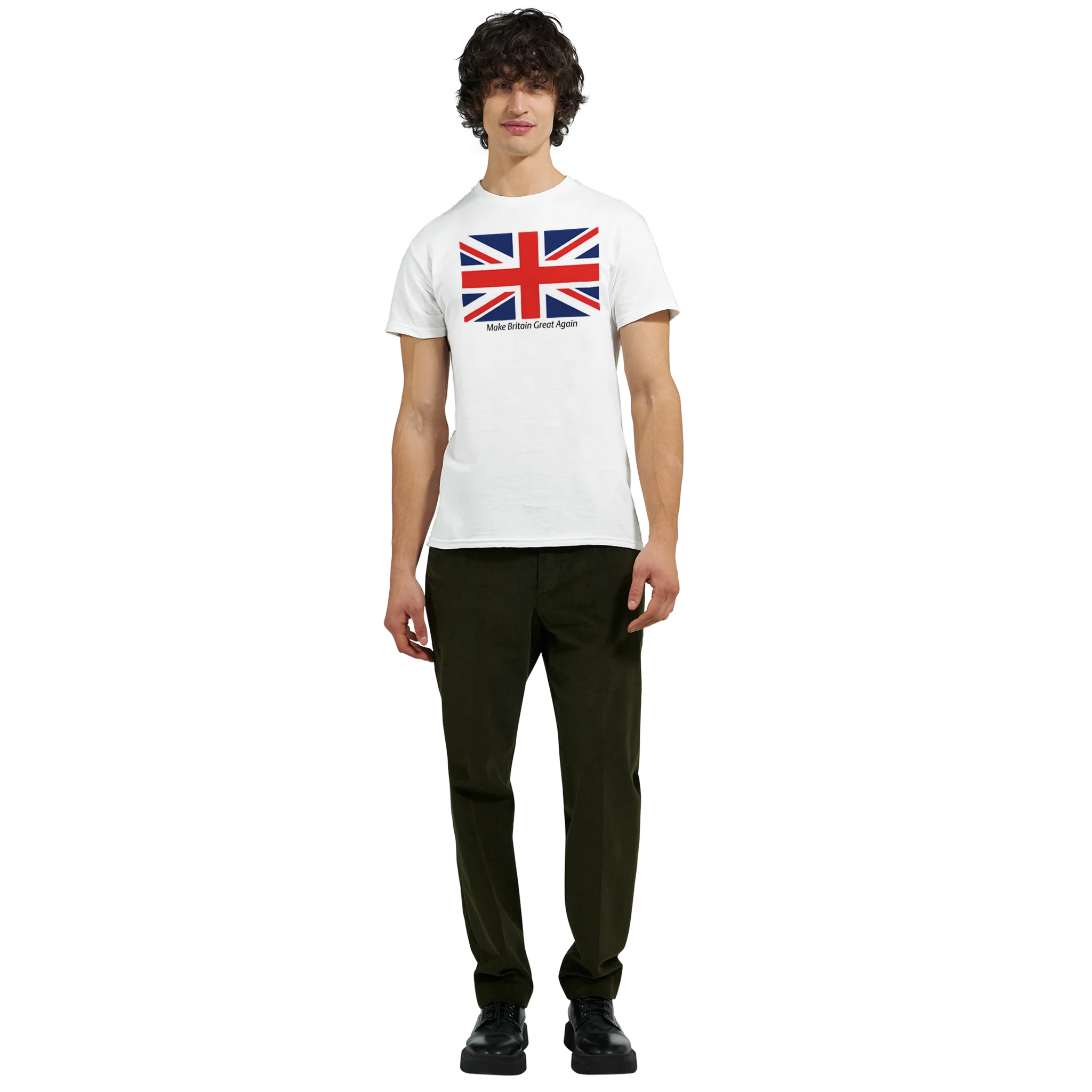 Male model wearing white Union Jack Make Britain Great Again slogan T-shirt with a soft cotton blend.