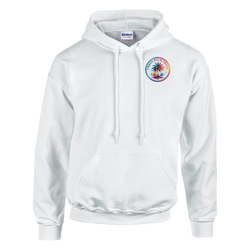 White hoodie with colorful Urban Palm Trees chest logo, front pouch pocket, and matching drawstrings for a tropical retro look.