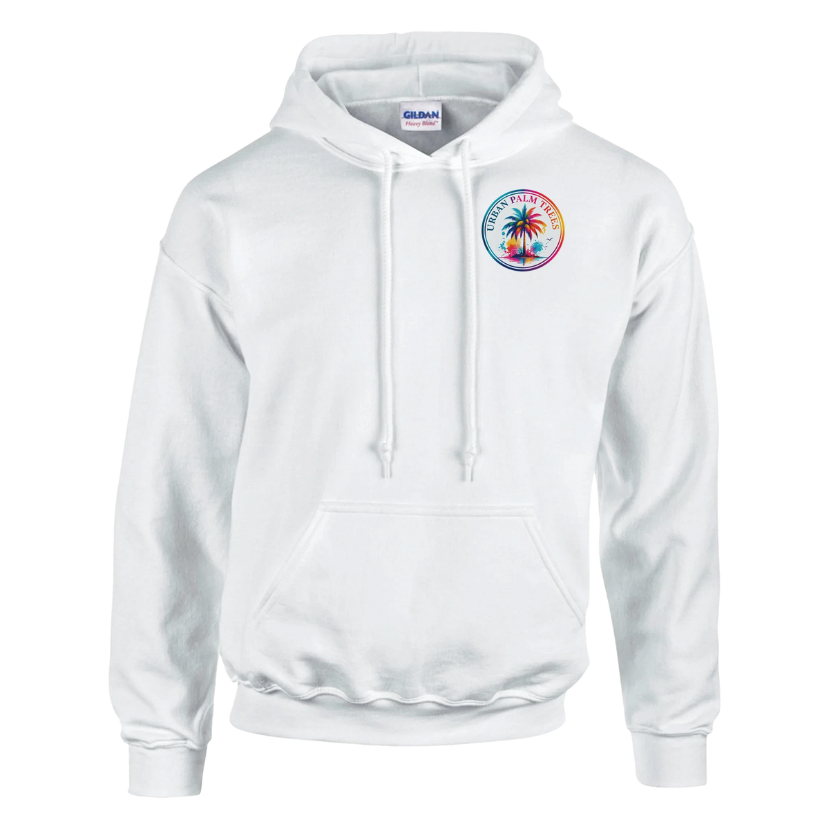 White hoodie with colorful Urban Palm Trees chest logo, front pouch pocket, and matching drawstrings for a tropical retro look.
