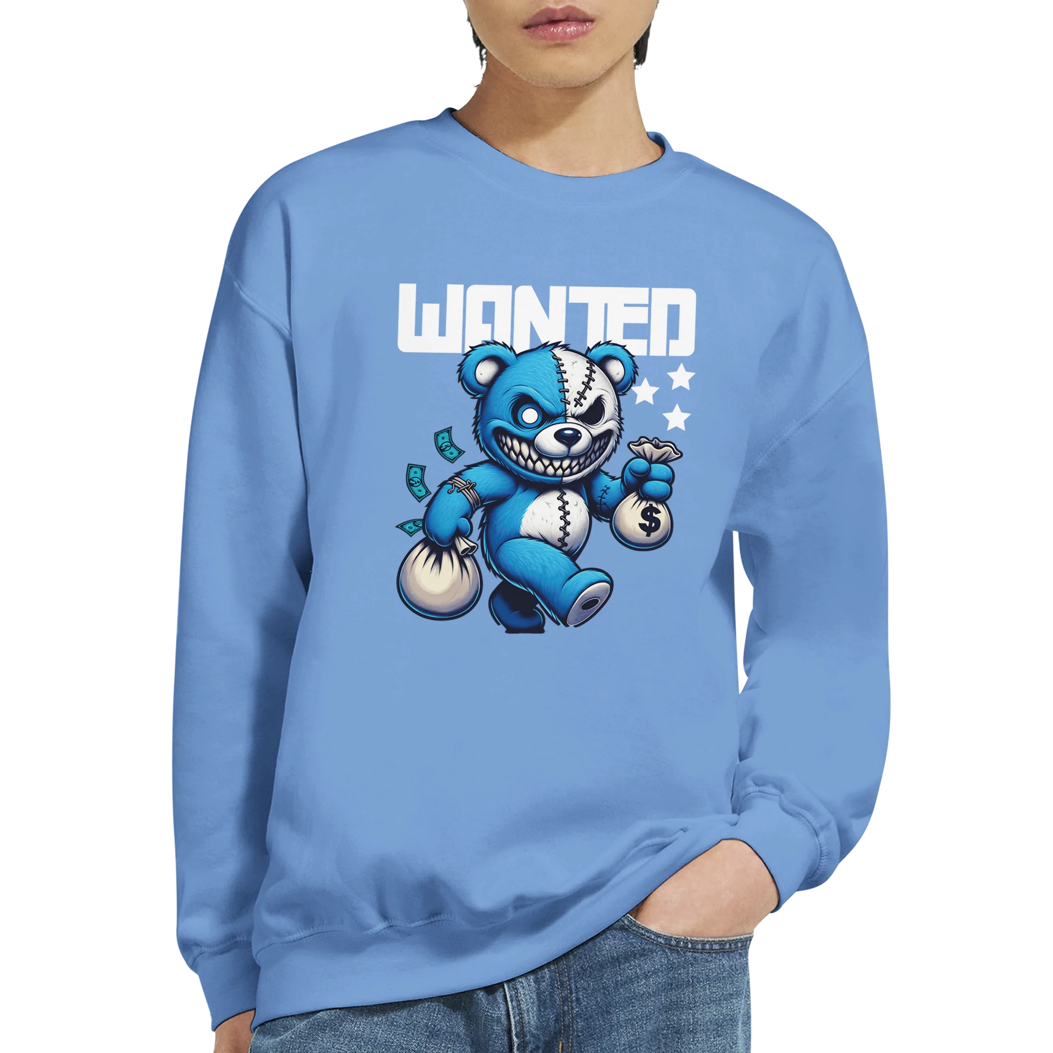 Blue 50/50 cotton-poly blend sweatshirt with a Wanted Teddy Bear graphic; bear holding money bags and WANTED text.