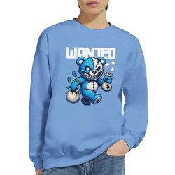 Blue 50/50 cotton-poly blend sweatshirt with a Wanted Teddy Bear graphic; bear holding money bags and WANTED text.