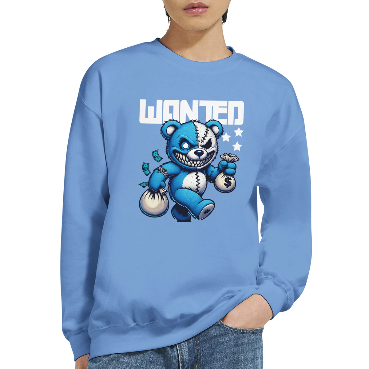 Blue 50/50 cotton-poly blend sweatshirt with a Wanted Teddy Bear graphic; bear holding money bags and WANTED text.