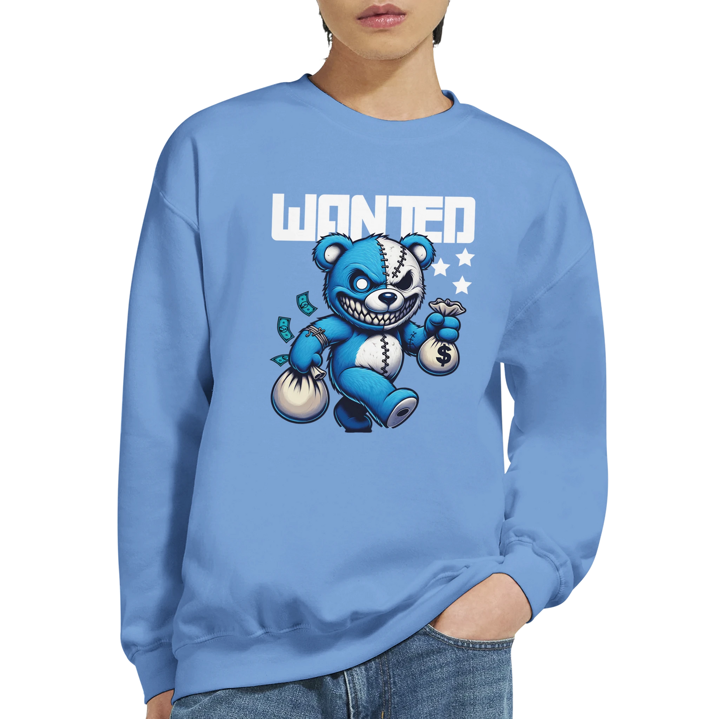 Blue men's graphic sweatshirt with teddy bear design.