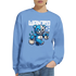 Blue 50/50 cotton-poly blend sweatshirt with a Wanted Teddy Bear graphic; bear holding money bags and WANTED text.