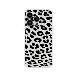 Retro Snow Leopard iPhone Case (13-16) with black leopard print on gray, triple-camera cutouts