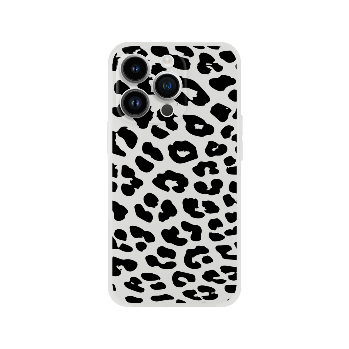 Retro Snow Leopard iPhone Case (13-16) with black leopard print on gray, triple-camera cutouts