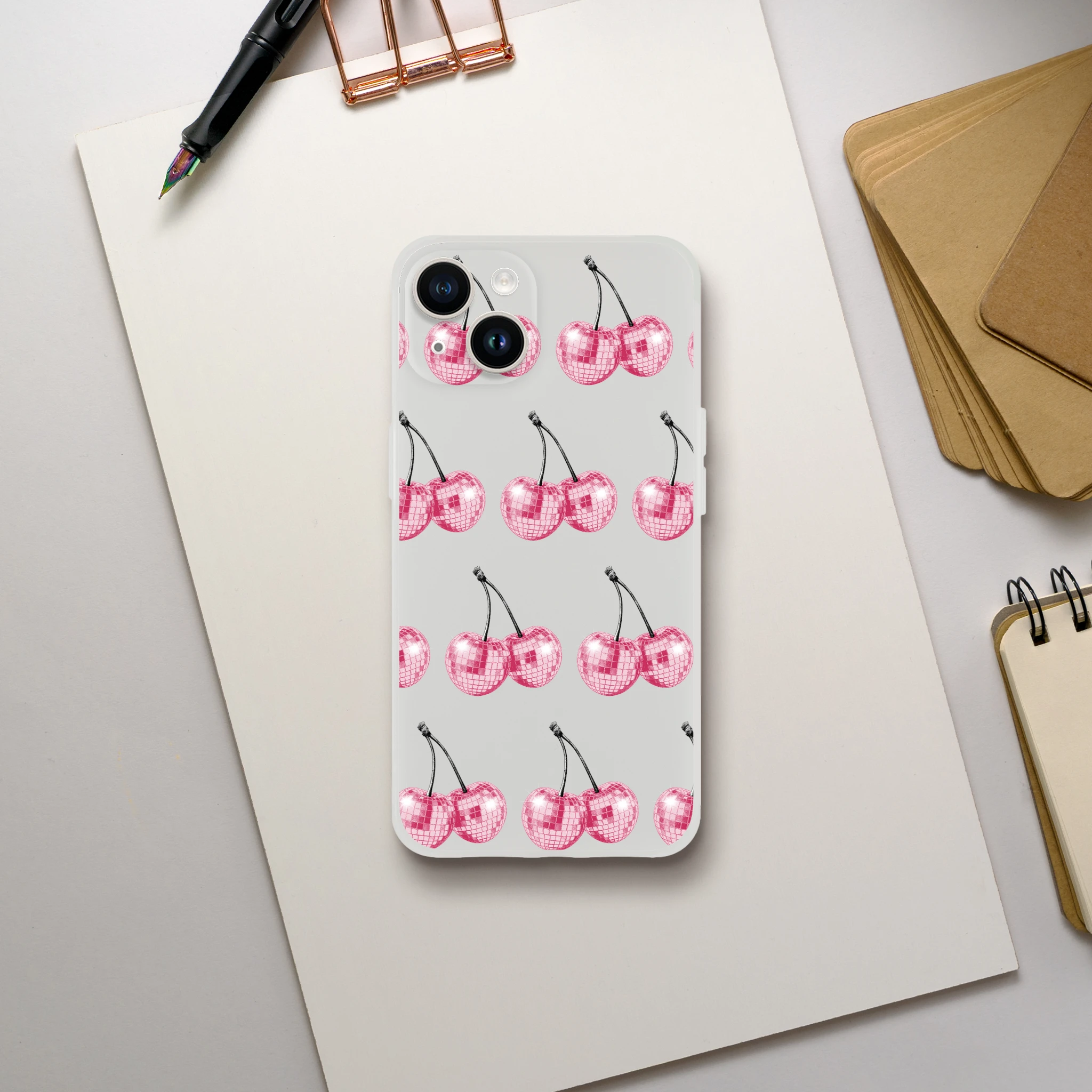 Clear slim iPhone case featuring glitter ball cherries pattern for iPhone 13–16