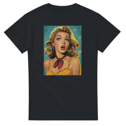 Vintage pin-up girl graphic tee for men on a black shirt, retro Americana streetwear.