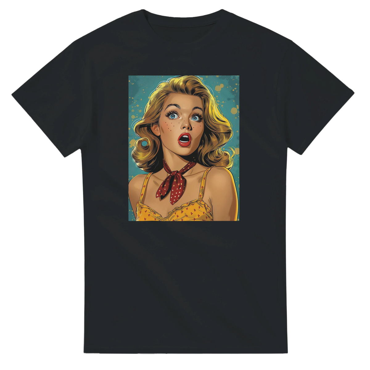 Vintage pin-up girl graphic tee for men on a black shirt, retro Americana streetwear.