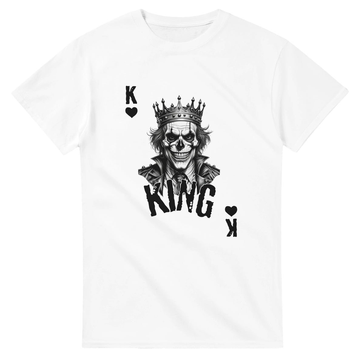White men's tee featuring a crowned skeleton king graphic with bold KING text in black.