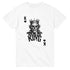 White men's tee featuring a crowned skeleton king graphic with bold KING text in black.