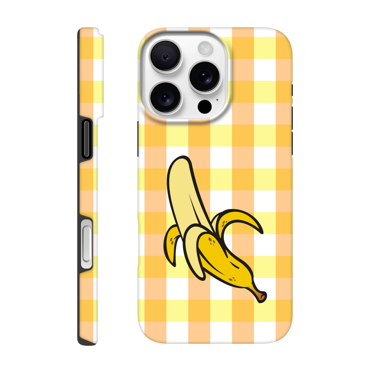 Yellow gingham iPhone case featuring a cartoon peeled banana. Tough checkered cover for iPhone 13-16.