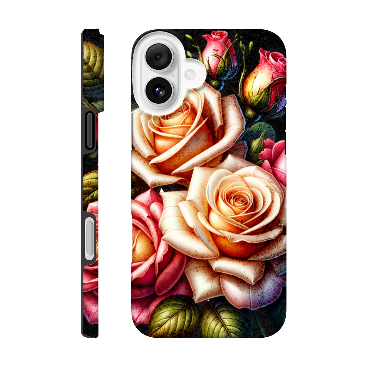 Romantic floral iPhone case featuring vibrant orange and pink roses with reinforced corners and clear lens cutouts for protection.