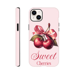 Pink iPhone case featuring Vintage cherries tied with a bow and Sweet Cherries script text.