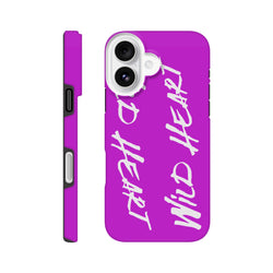 Vivid purple tough iPhone case featuring bold white "Wild Heart" graffiti slogan art for shock-absorbing urban protection on iPhone 13-16.