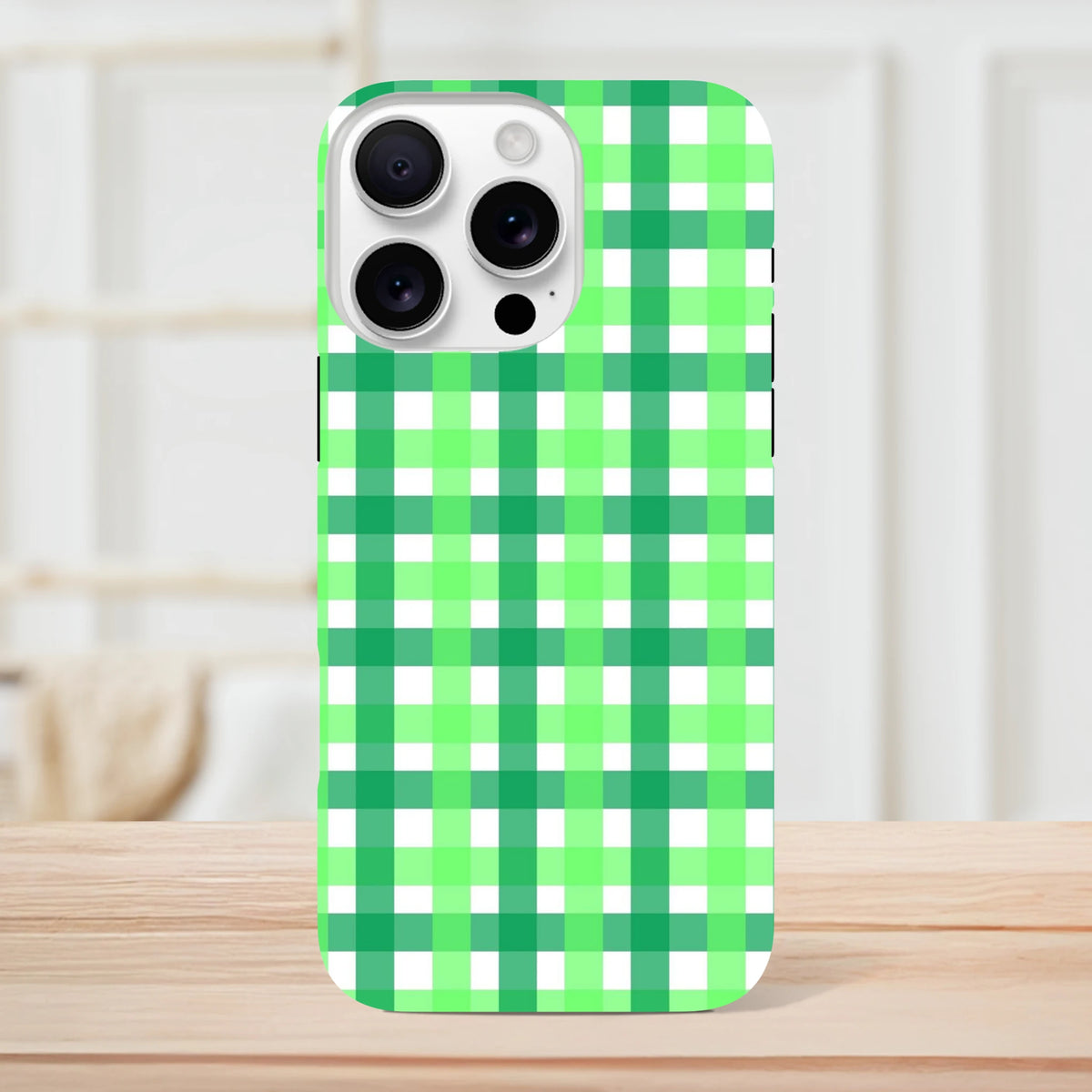 Retro green and white gingham iPhone case with bold plaid pattern for shock protection on iPhone 13-16 models.