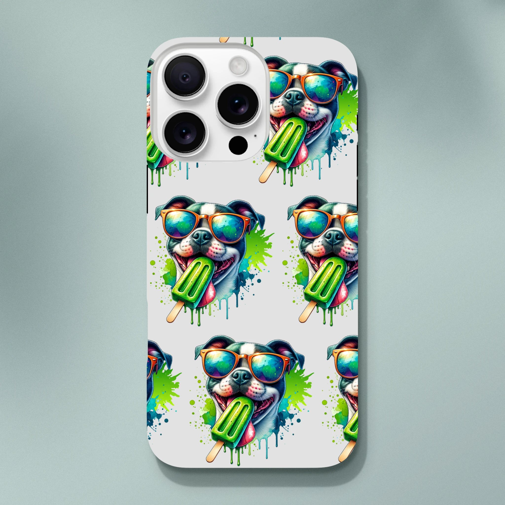 Chill dog phone case with glossy dual-layer wraparound print; sunglasses dog with green popsicle on white.