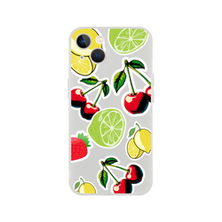 Transparent iPhone case featuring a cherry, lime, lemon, and strawberry sticker effect design.