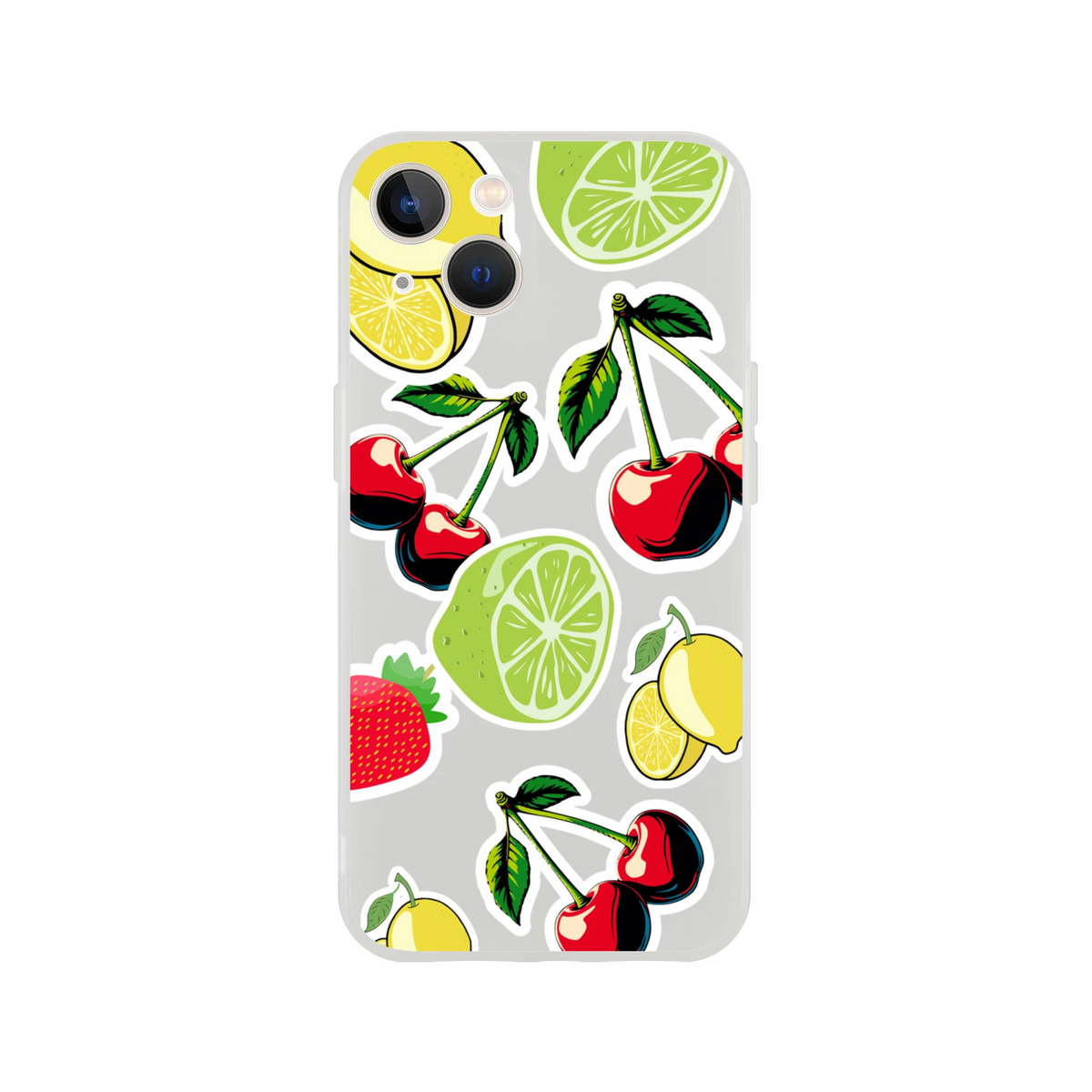 Transparent iPhone case featuring a cherry, lime, lemon, and strawberry sticker effect design.