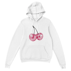 White hoodie with pink glitter cherries graphic on chest; front pocket, soft cotton-poly blend.