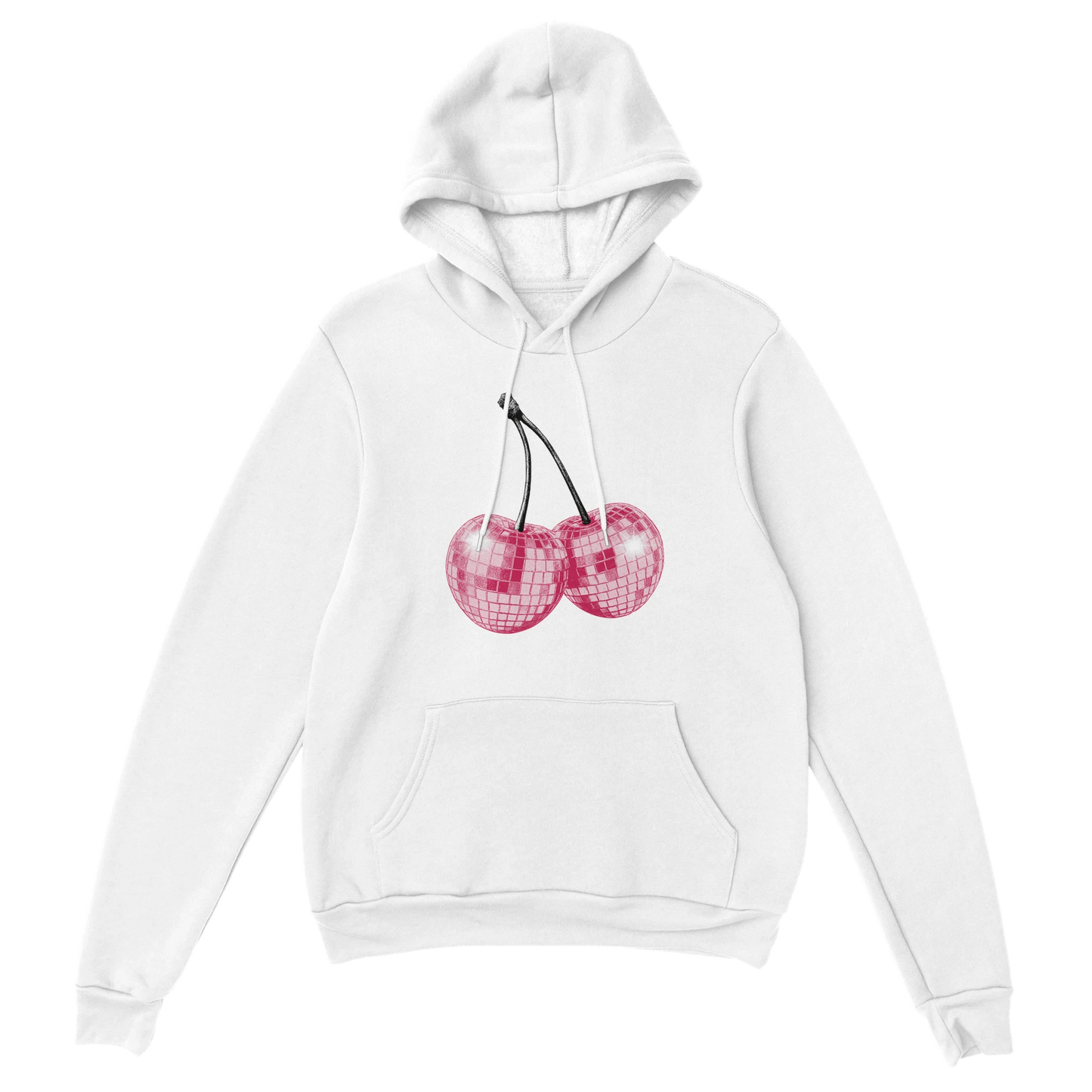 White hoodie with pink glitter cherries graphic on chest; front pocket, soft cotton-poly blend.
