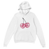 White hoodie with pink glitter cherries graphic on chest; front pocket, soft cotton-poly blend.