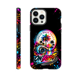 On Boost iPhone case featuring a colorful turbocharger, palm trees, and "Urban Palm Trees" text with paint splatter accents.