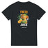 Fresh Juice women's graphic t-shirt with orange juice can, citrus fruits and leaves on black cotton blend.