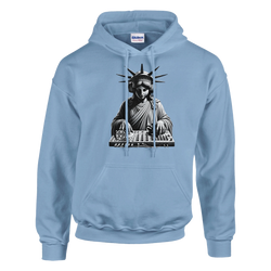 Liberty DJ graphic hoodie featuring Statue of Liberty with headphones at a DJ mixer on a light blue hoodie.