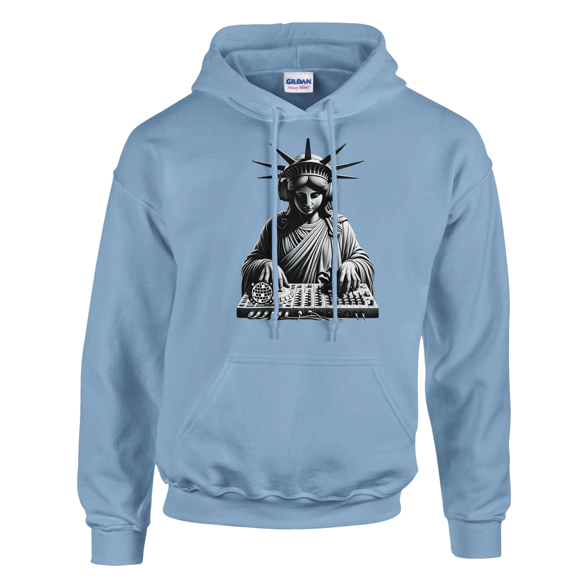 Liberty DJ graphic hoodie featuring Statue of Liberty with headphones at a DJ mixer on a light blue hoodie.