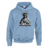 Liberty DJ graphic hoodie featuring Statue of Liberty with headphones at a DJ mixer on a light blue hoodie.