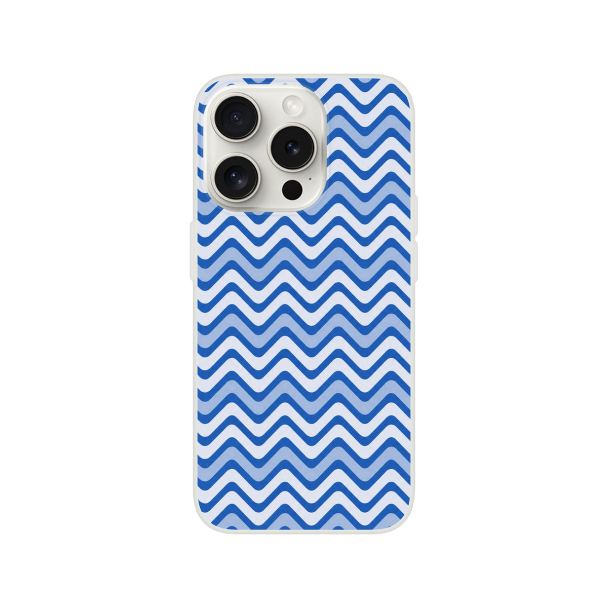 Blue wavy stripe iPhone case featuring a retro geometric chevron pattern in multiple blue tones on a frosty transparent cover for reliable drop protection.