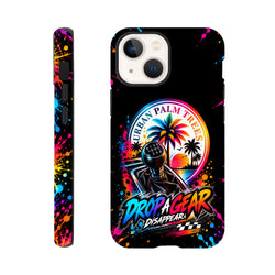 Colorful iPhone case featuring manual gear shifter, palm trees, and paint splatters for modified car culture enthusiasts.