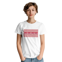 Model wearing white tee with red gingham graphic and red bows, Coquette aesthetic tee.