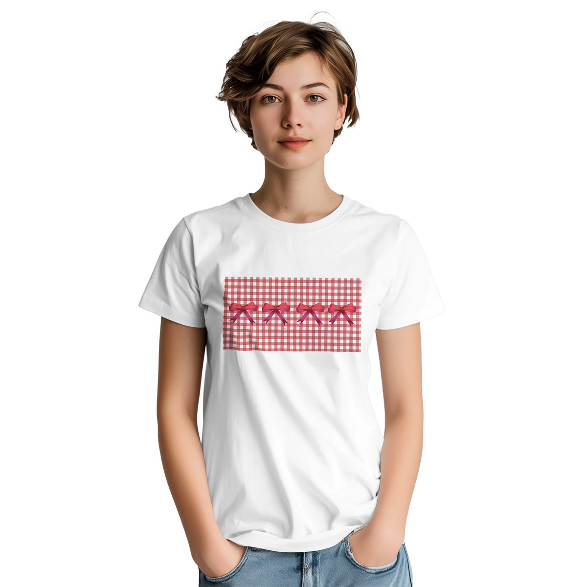 Model wearing white tee with red gingham graphic and red bows, Coquette aesthetic tee.
