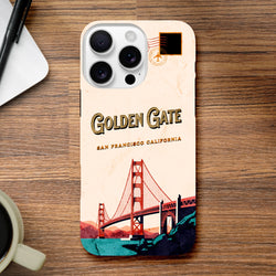 Vintage Postcard iPhone case featuring a Golden Gate Bridge illustration and San Francisco California typography in retro streetwear style.