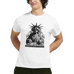 White t-shirt featuring a black and white graphic of the Statue of Liberty wearing headphones and mixing on a DJ deck.