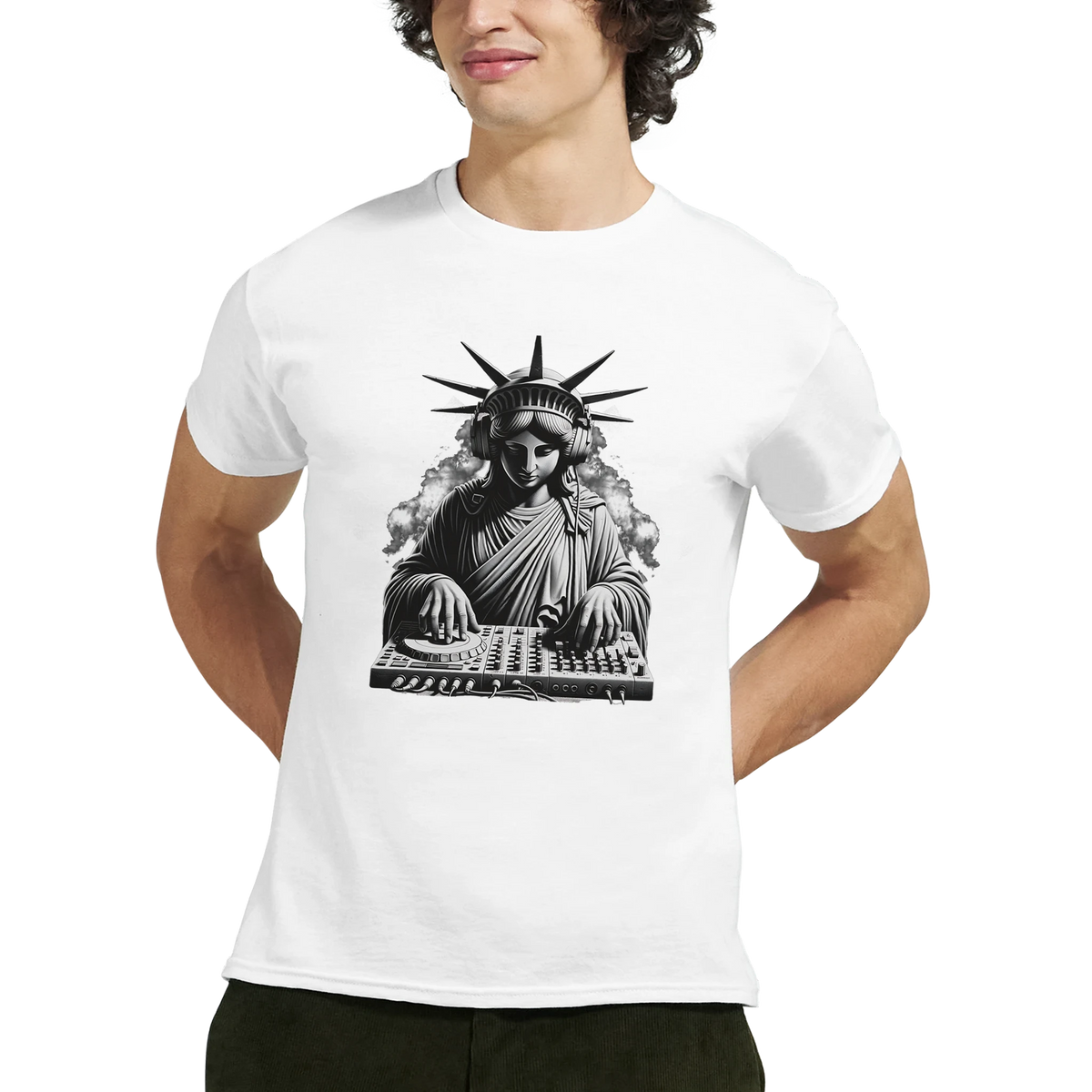 White t-shirt featuring a black and white graphic of the Statue of Liberty wearing headphones and mixing on a DJ deck.
