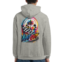 Gray men's hoodie featuring colorful back print with checkered flag, palm trees, and Flat Out text for petrolhead streetwear.