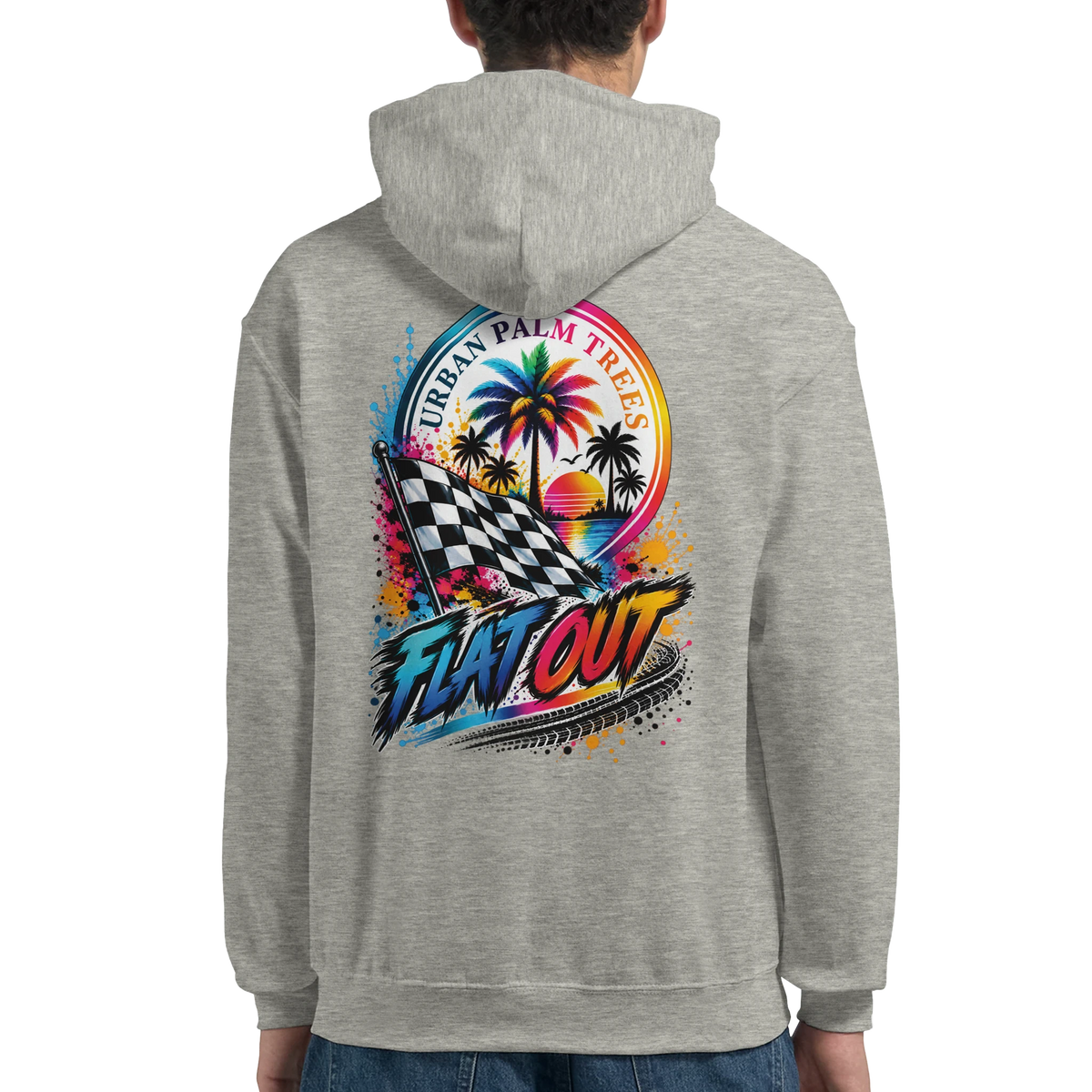 Gray men's hoodie featuring colorful back print with checkered flag, palm trees, and Flat Out text for petrolhead streetwear.