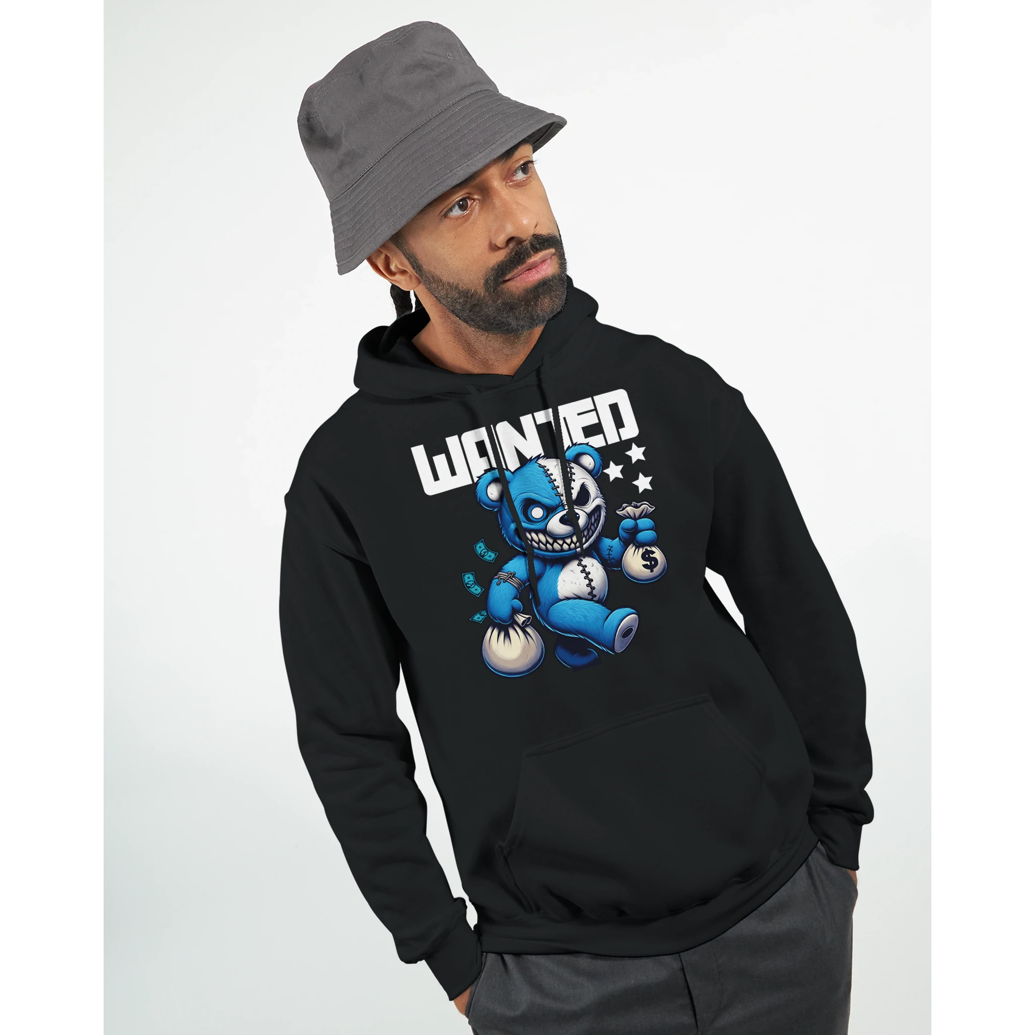 Men's Wanted Teddy Bear Hoodie in black with blue teddy bear graphic and WANTED text