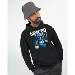 Men's Wanted Teddy Bear Hoodie in black with blue teddy bear graphic and WANTED text