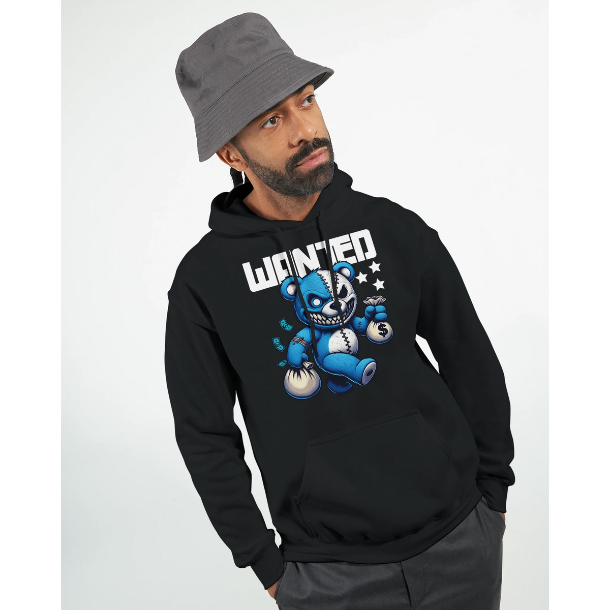 Men's Wanted Teddy Bear Hoodie in black with blue teddy bear graphic and WANTED text