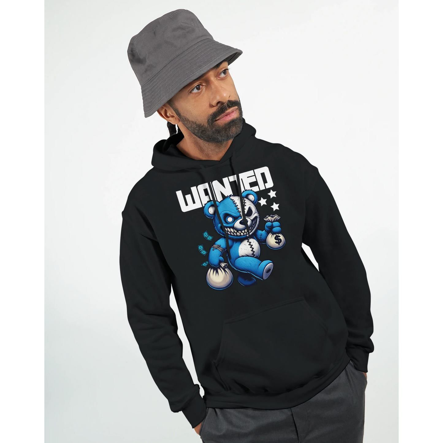 Person wearing a black men's teddy bear hoodie with a blue teddy bear graphic and 'WANTED' text on a white background 2