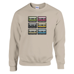 Beige sweatshirt featuring a grid of six colorful retro cassette tapes with 90s Music graphics for a vintage street style look.