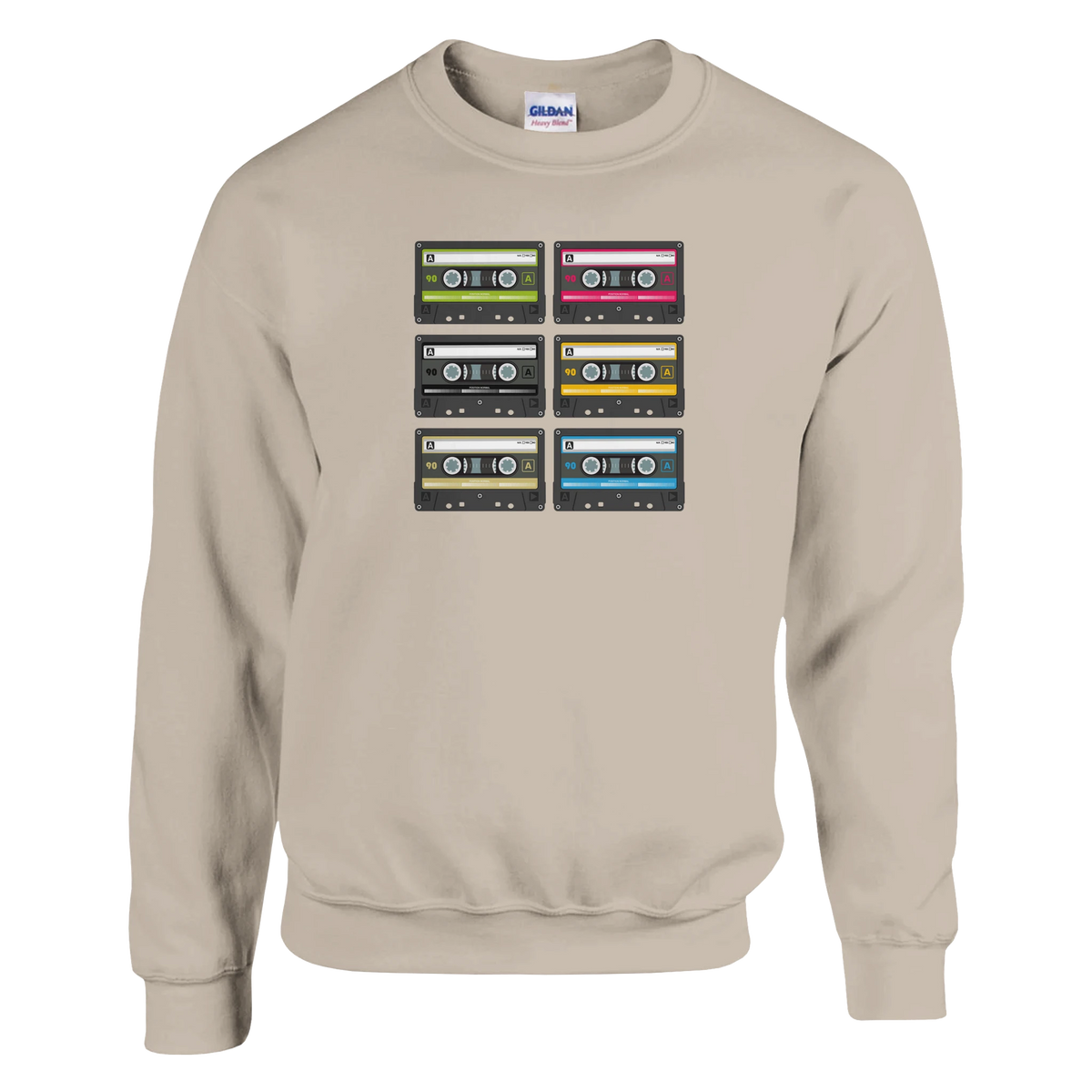 Beige sweatshirt featuring a grid of six colorful retro cassette tapes with 90s Music graphics for a vintage street style look.