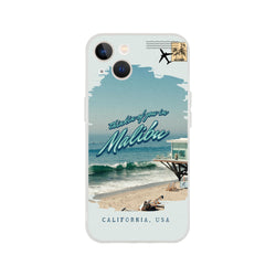 Vintage postcard Malibu Holiday iPhone case for iPhone 13–16 with seaside scene and retro typography.