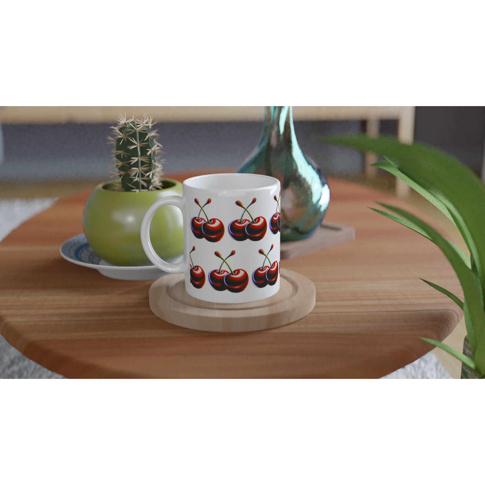 Cherry Mug Gift For Her: glossy white ceramic mug with vivid cherry print on a wooden coaster