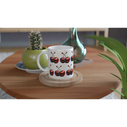 Cherry Mug Gift For Her: glossy white ceramic mug with vivid cherry print on a wooden coaster